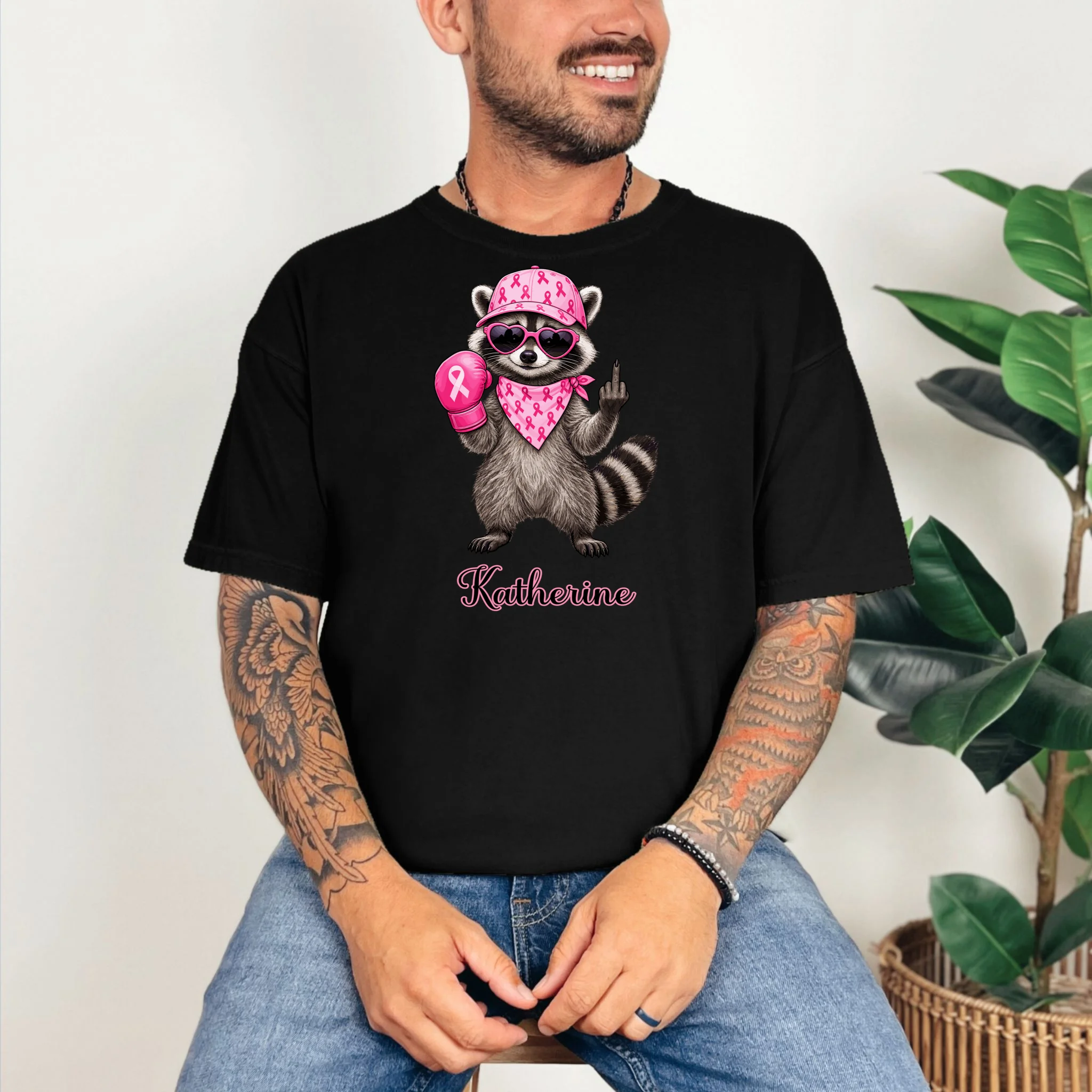 Personalized Custom Name Pink Ribbon Raccoon Breast Cancer Awareness Comfort Colors Unisex T-Shirt - Front 2