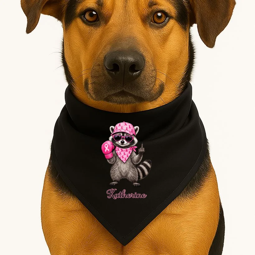 Personalized Custom Name Pink Ribbon Raccoon Breast Cancer Awareness Dog Bandana - Front 1