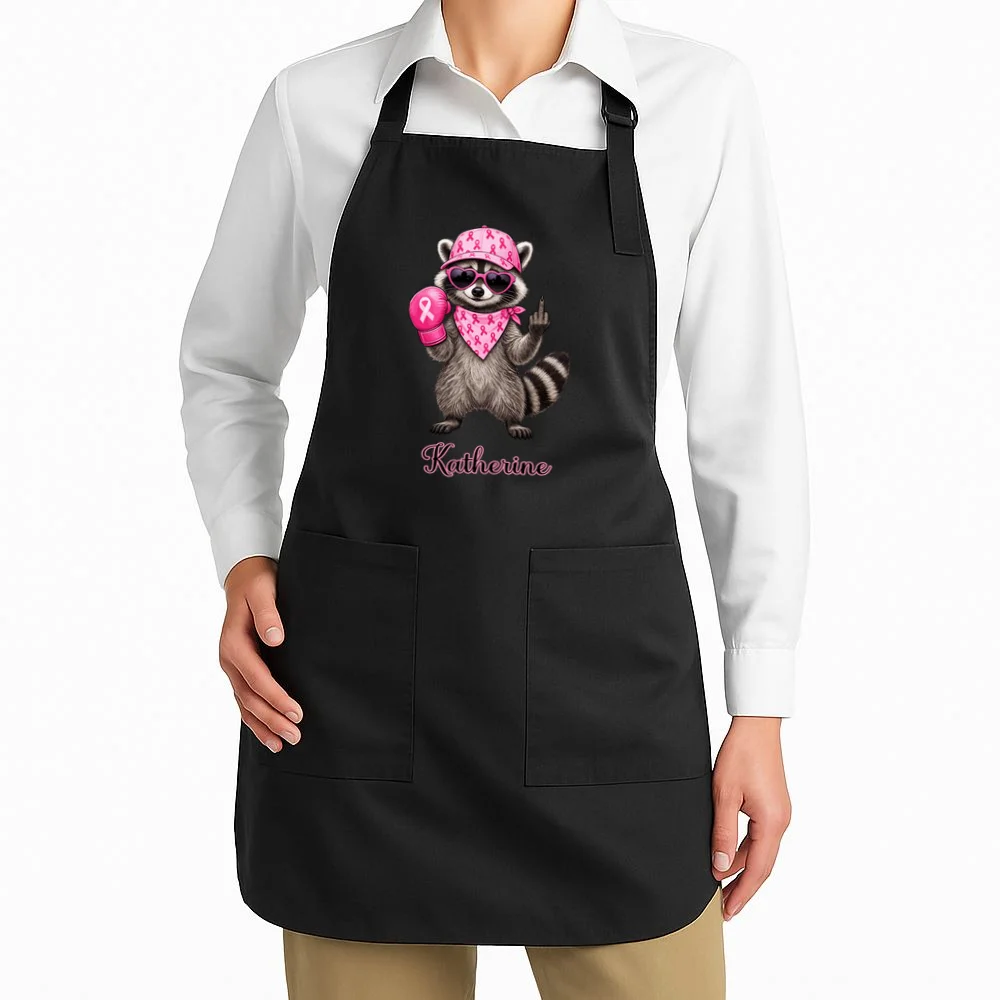 Personalized Custom Name Pink Ribbon Raccoon Breast Cancer Awareness Apron - Front 1