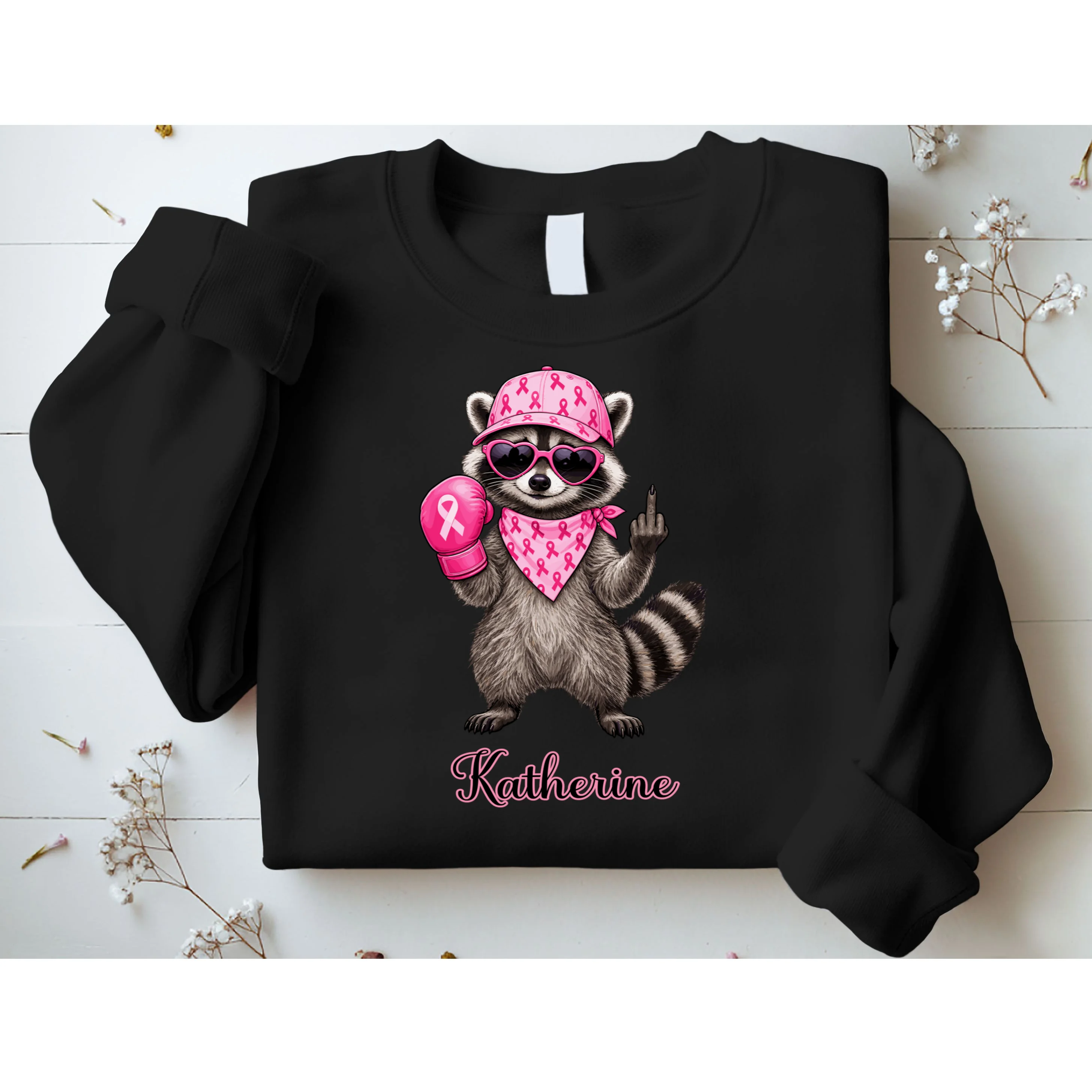 Personalized Custom Name Pink Ribbon Raccoon Breast Cancer Awareness Men's Sweatshirt - Front 1