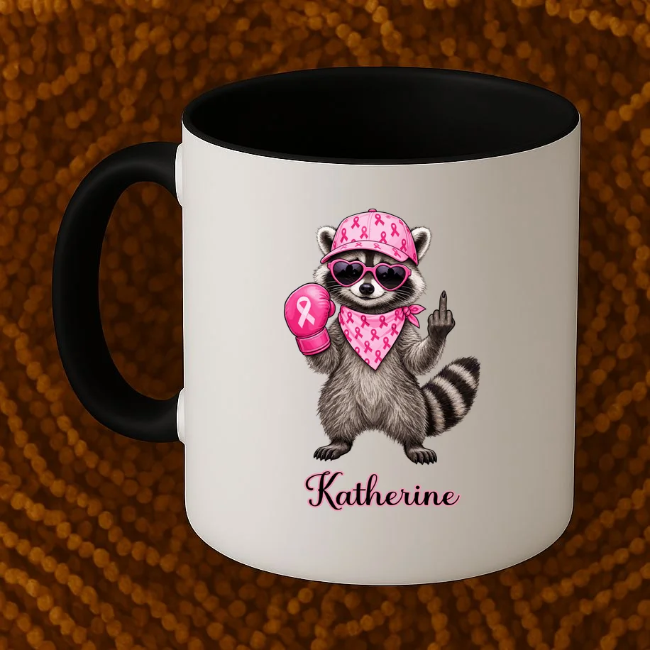 Personalized Custom Name Pink Ribbon Raccoon Breast Cancer Awareness Mug - Front 1