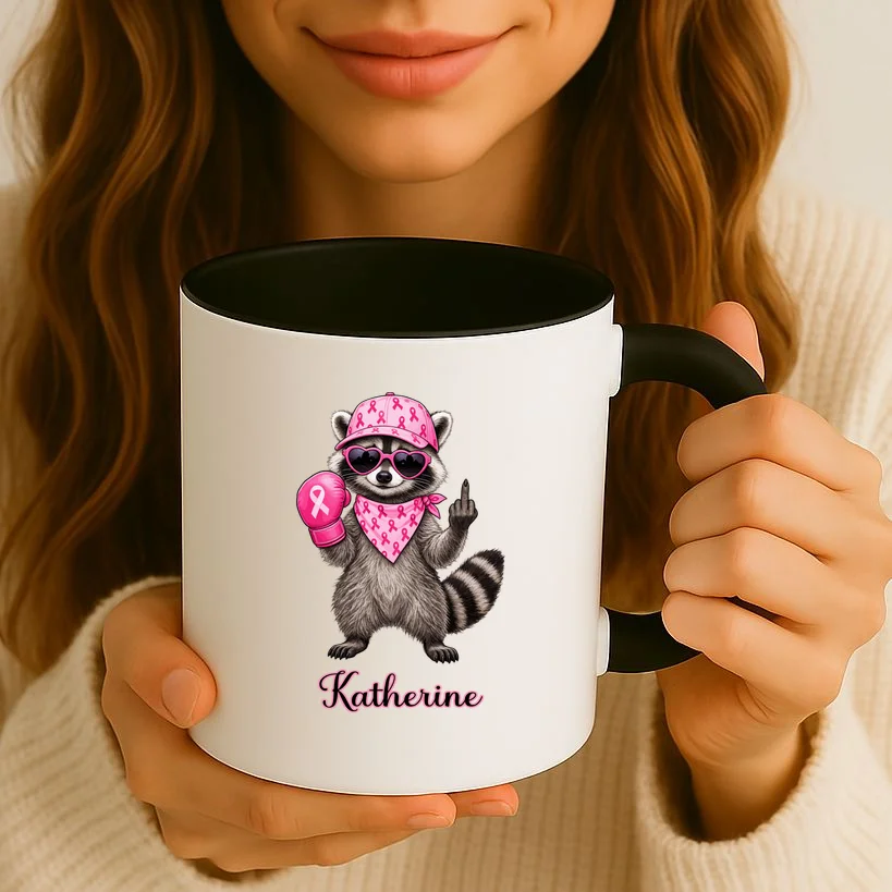 Personalized Custom Name Pink Ribbon Raccoon Breast Cancer Awareness Mug - Front 2