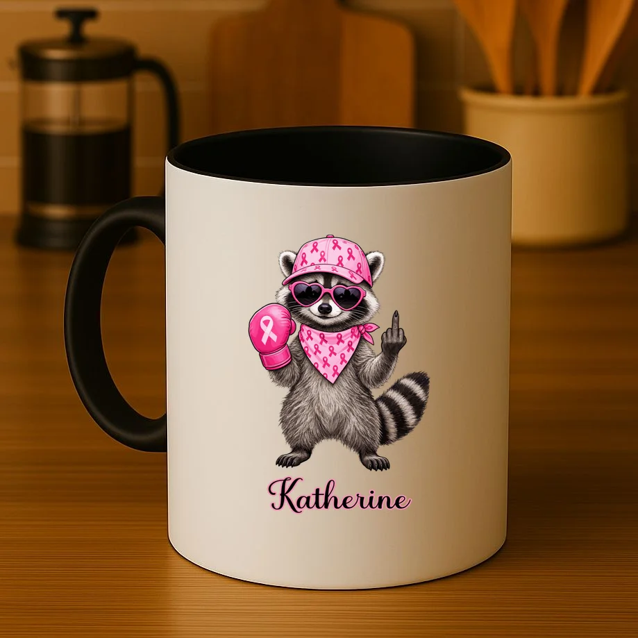 Personalized Custom Name Pink Ribbon Raccoon Breast Cancer Awareness Mug - Front 3
