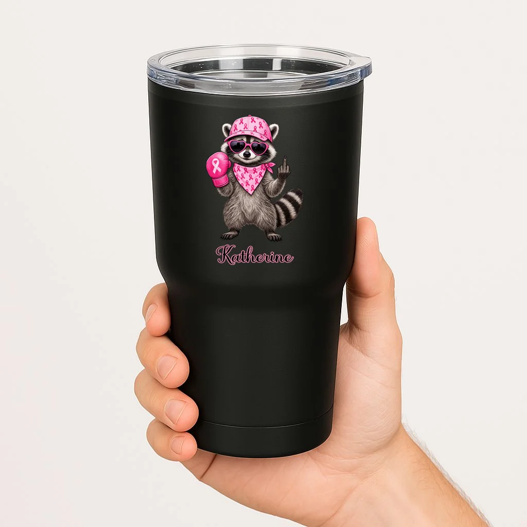 Personalized Custom Name Pink Ribbon Raccoon Breast Cancer Awareness 20oz Tumbler - Front 1