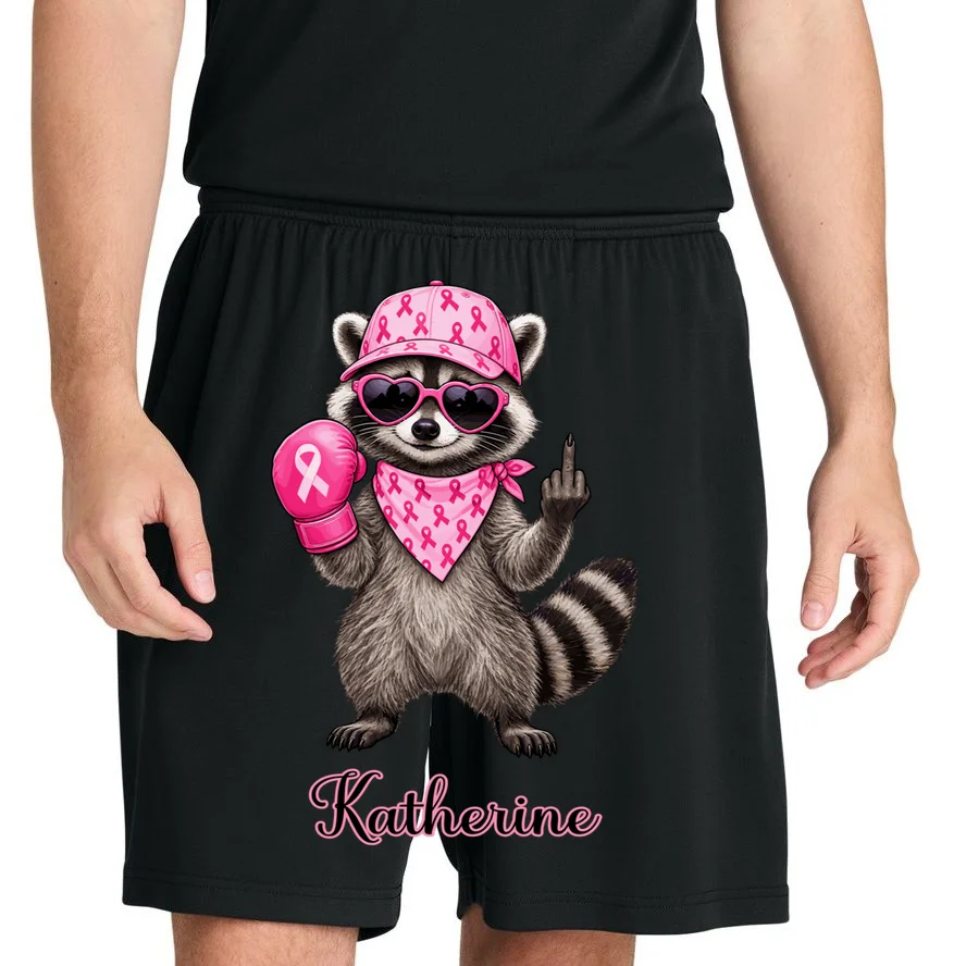 Personalized Custom Name Pink Ribbon Raccoon Breast Cancer Awareness Men's Shorts - Front 1