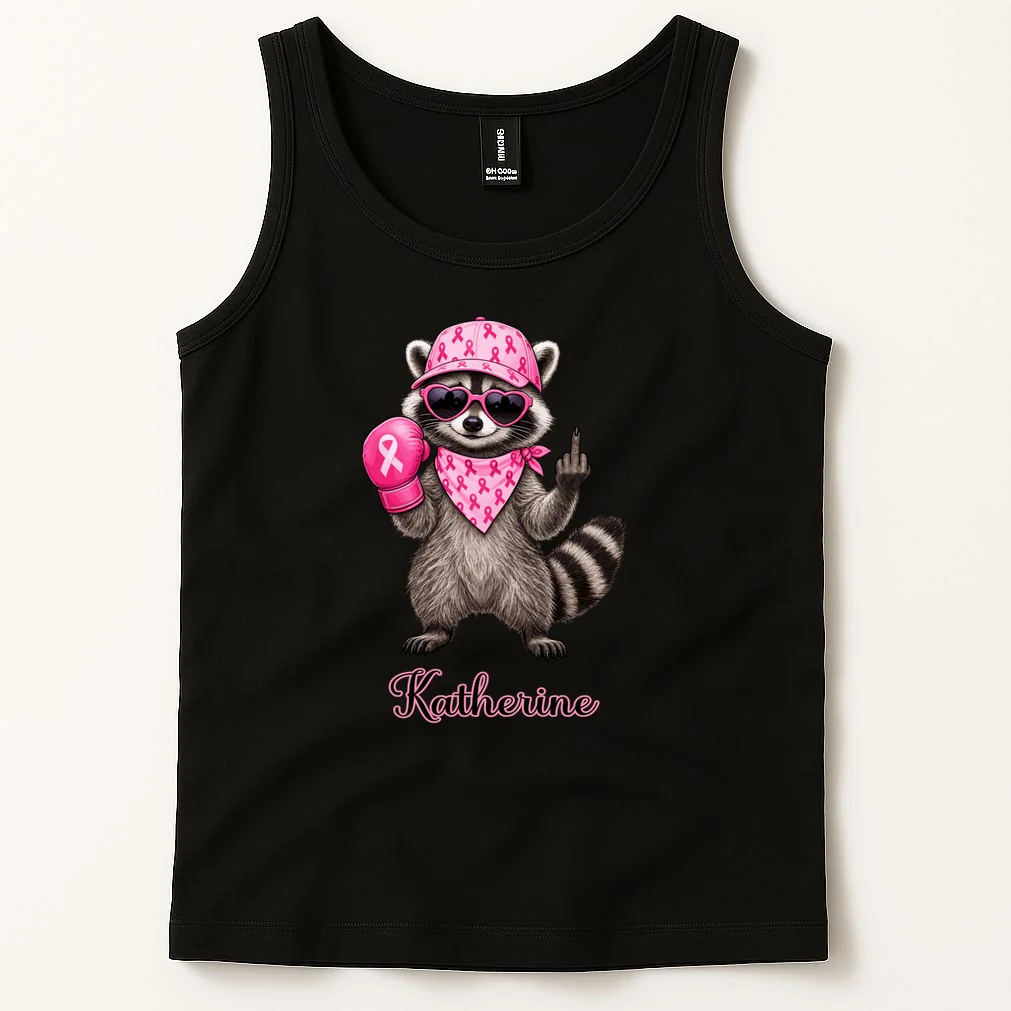 Personalized Custom Name Pink Ribbon Raccoon Breast Cancer Awareness Men's Tank Top - Front 1
