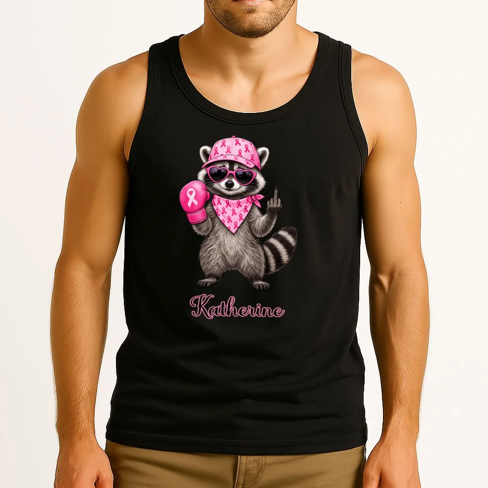 Personalized Custom Name Pink Ribbon Raccoon Breast Cancer Awareness Men's Tank Top - Front 2