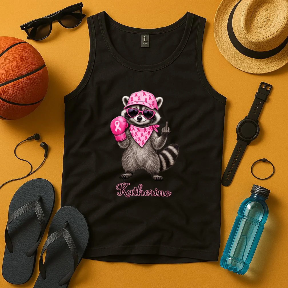 Personalized Custom Name Pink Ribbon Raccoon Breast Cancer Awareness Men's Tank Top - Front 3