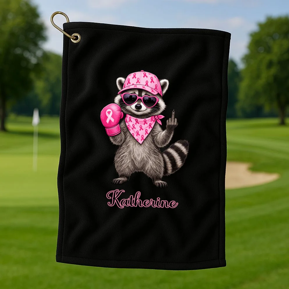 Personalized Custom Name Pink Ribbon Raccoon Breast Cancer Awareness Golf Towel - Front 1