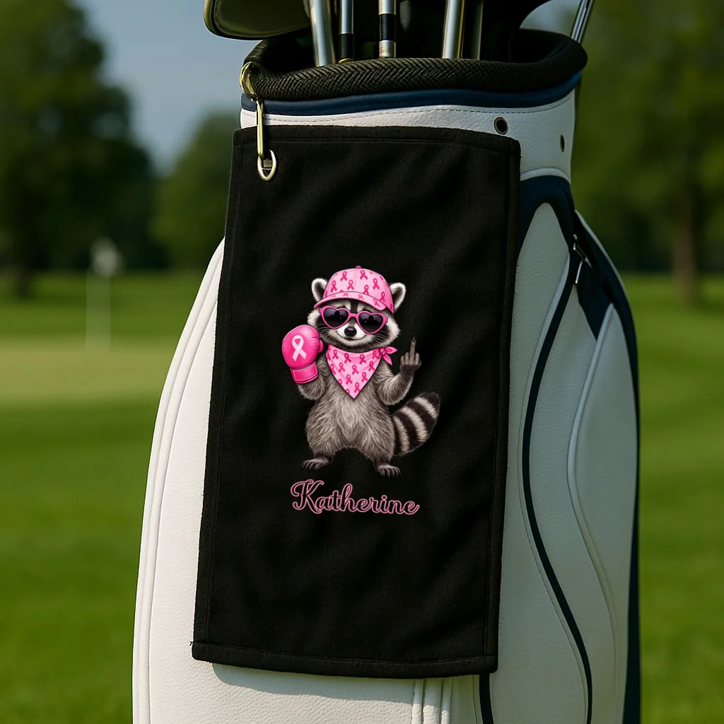 Personalized Custom Name Pink Ribbon Raccoon Breast Cancer Awareness Golf Towel - Front 2