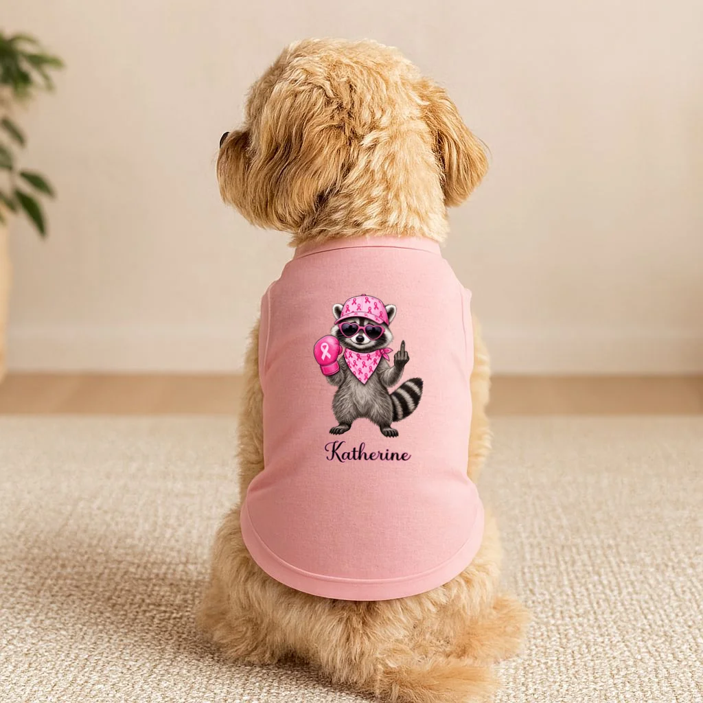 Personalized Custom Name Pink Ribbon Raccoon Breast Cancer Awareness Doggie Tank - Front 1