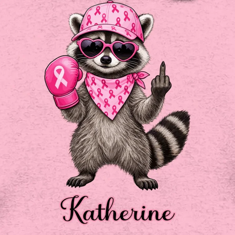 Personalized Custom Name Pink Ribbon Raccoon Breast Cancer Awareness Men's Hoodie - Front - Close-up