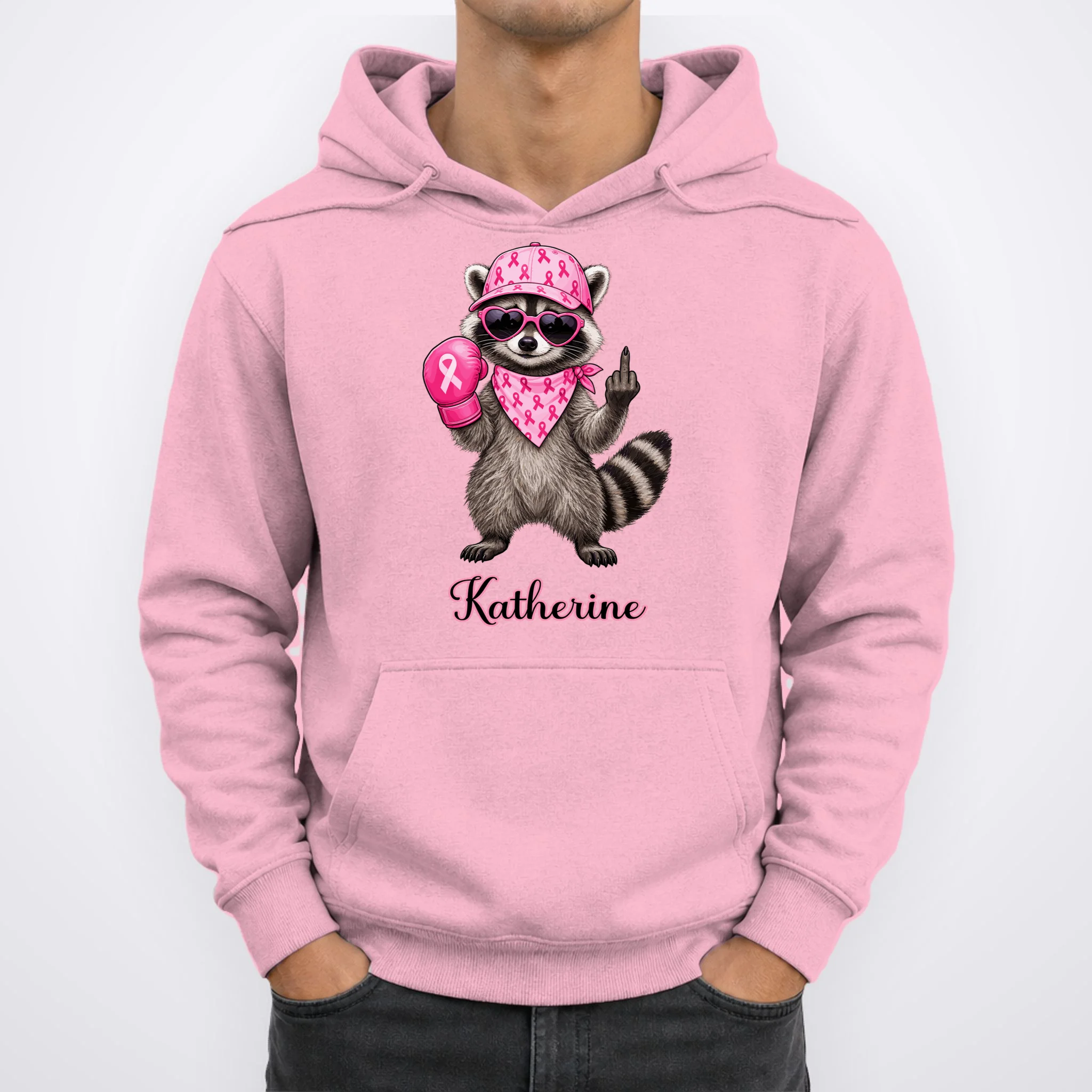 Personalized Custom Name Pink Ribbon Raccoon Breast Cancer Awareness Men's Hoodie - Front 1