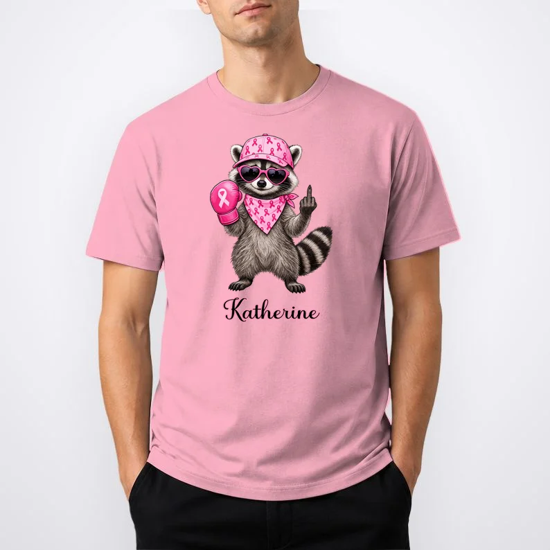 Personalized Custom Name Pink Ribbon Raccoon Breast Cancer Awareness Men's T-Shirt - Front 1