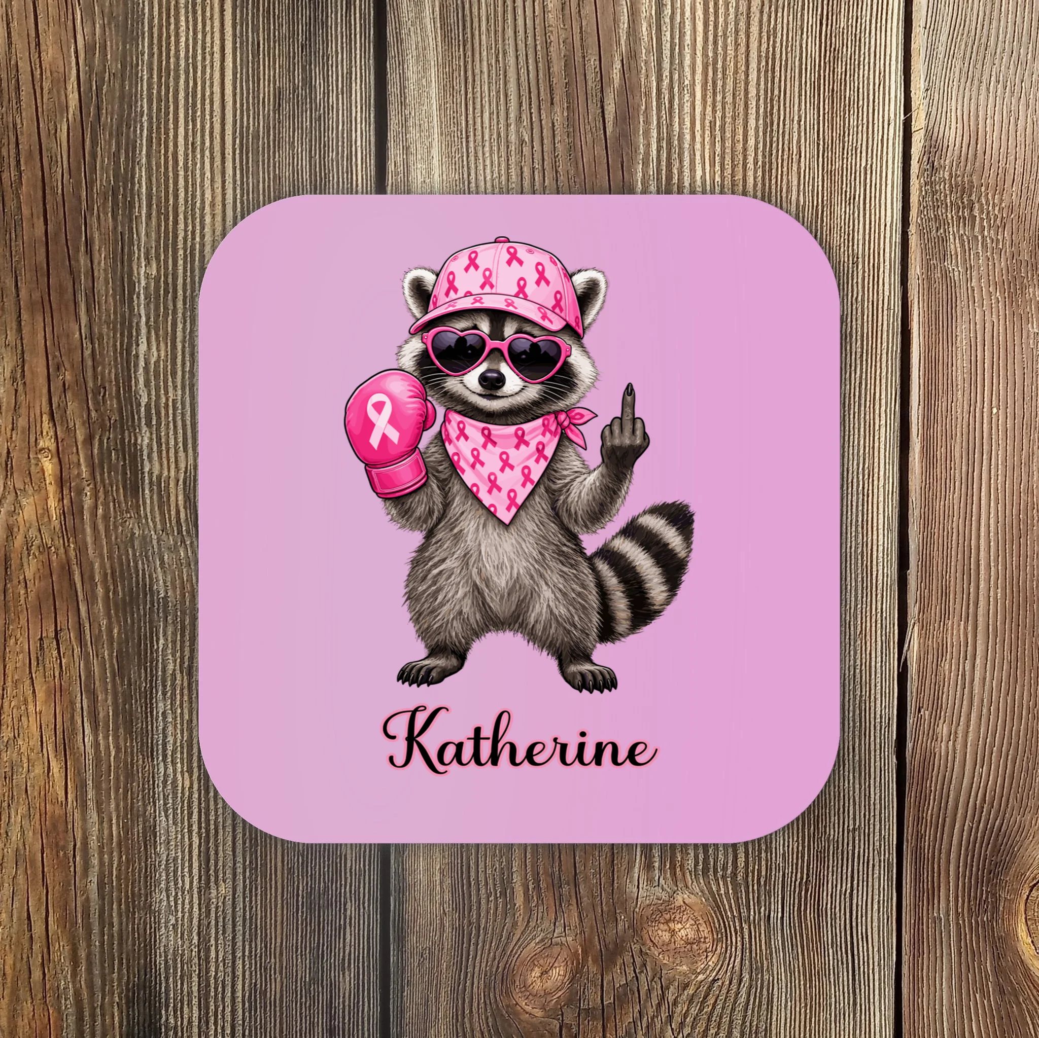 Personalized Custom Name Pink Ribbon Raccoon Breast Cancer Awareness Coaster - Front