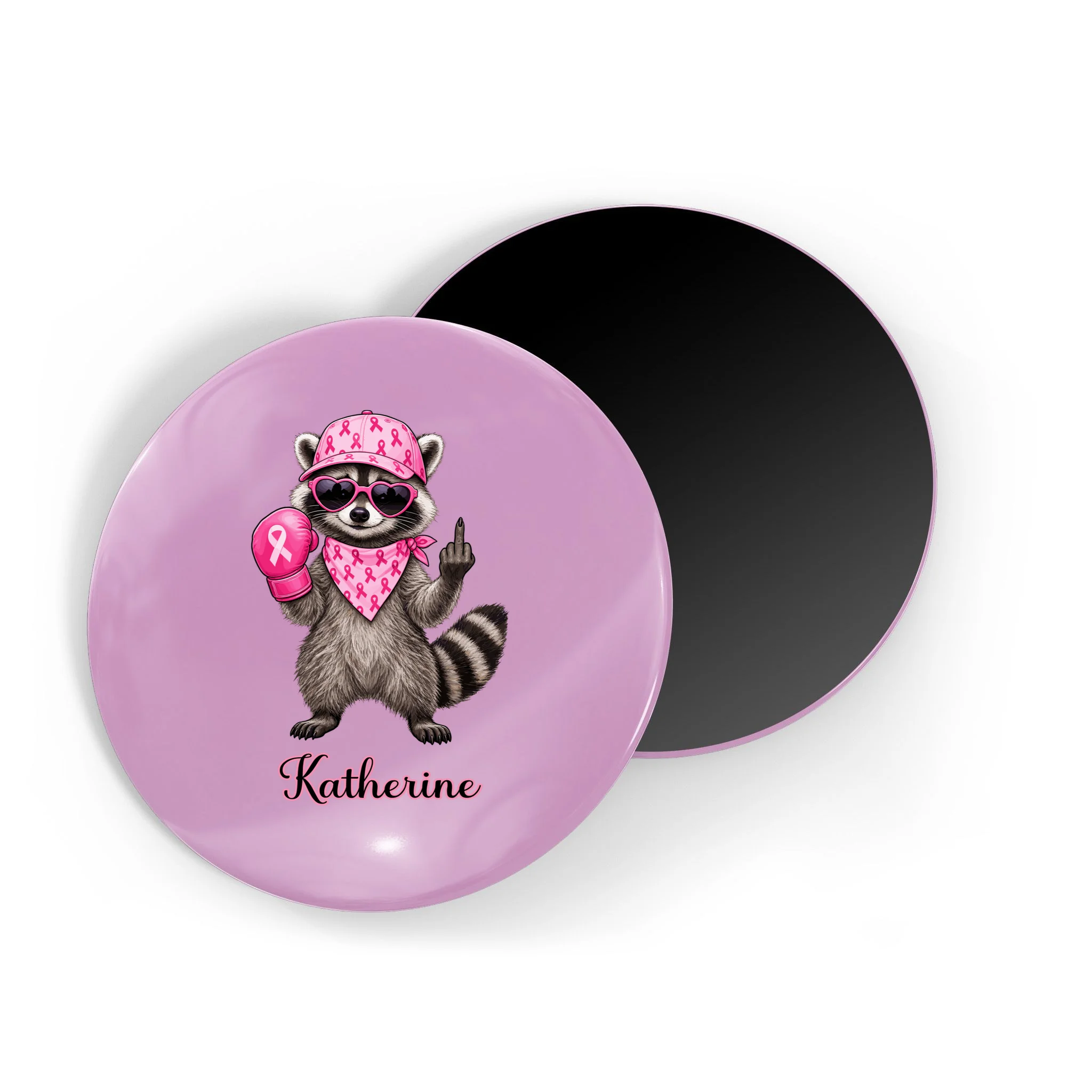 Personalized Custom Name Pink Ribbon Raccoon Breast Cancer Awareness Magnet - Front