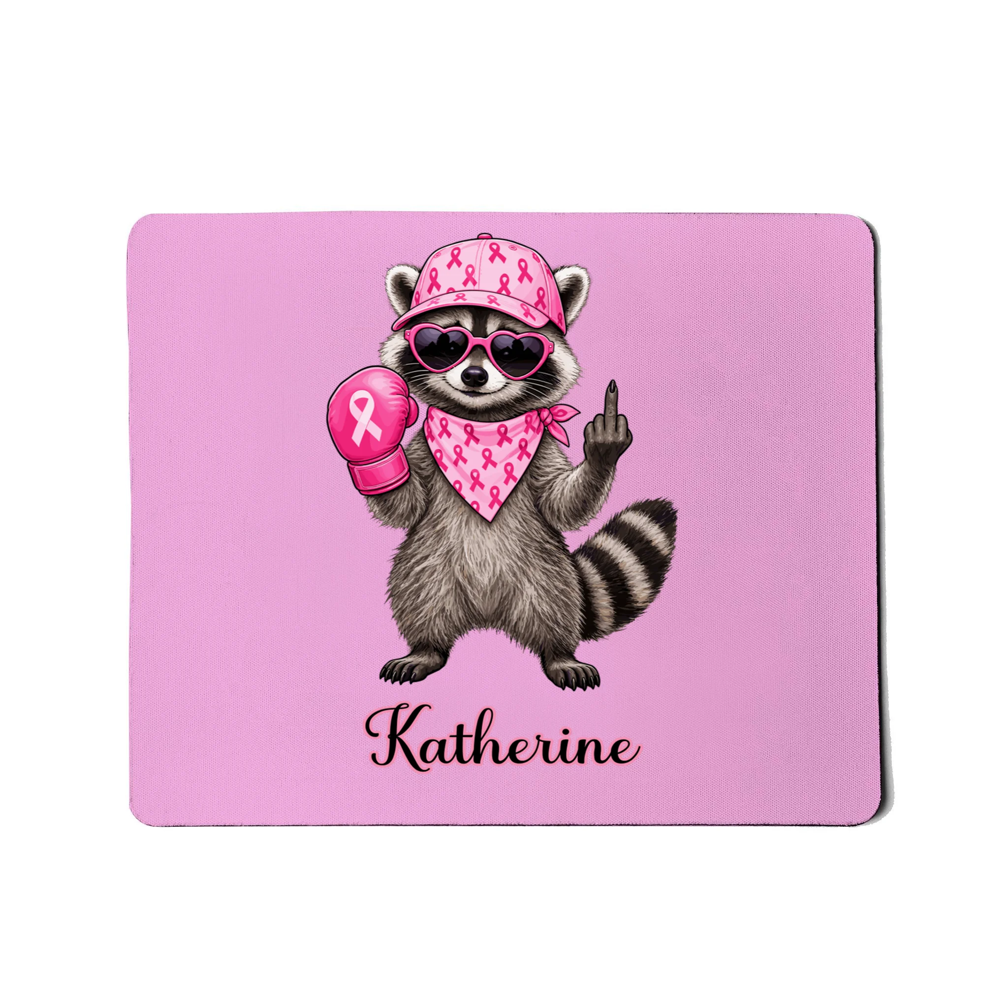 Personalized Custom Name Pink Ribbon Raccoon Breast Cancer Awareness Mouse Pad - Front