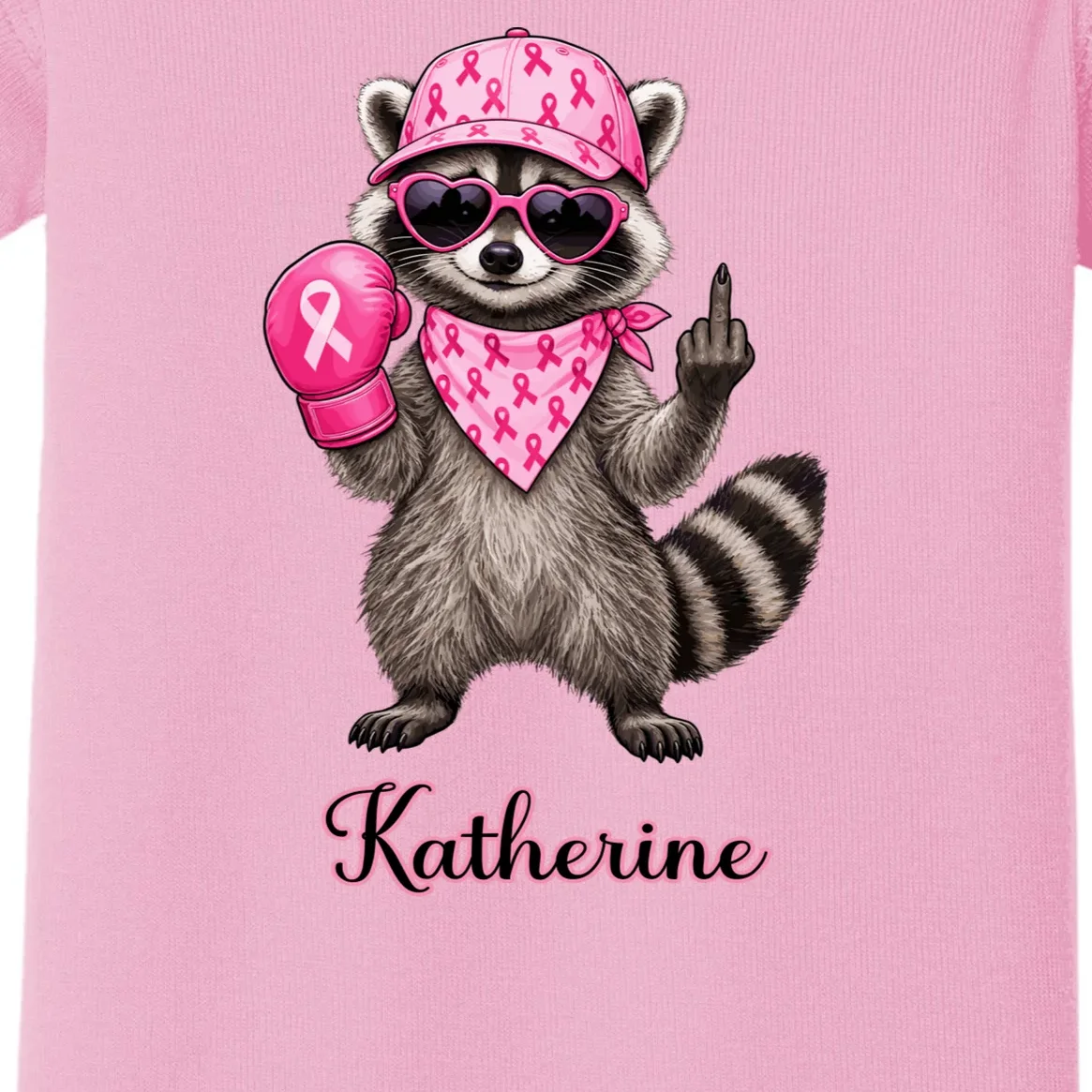 Personalized Custom Name Pink Ribbon Raccoon Breast Cancer Awareness Baby Bodysuit - Front - Close-up