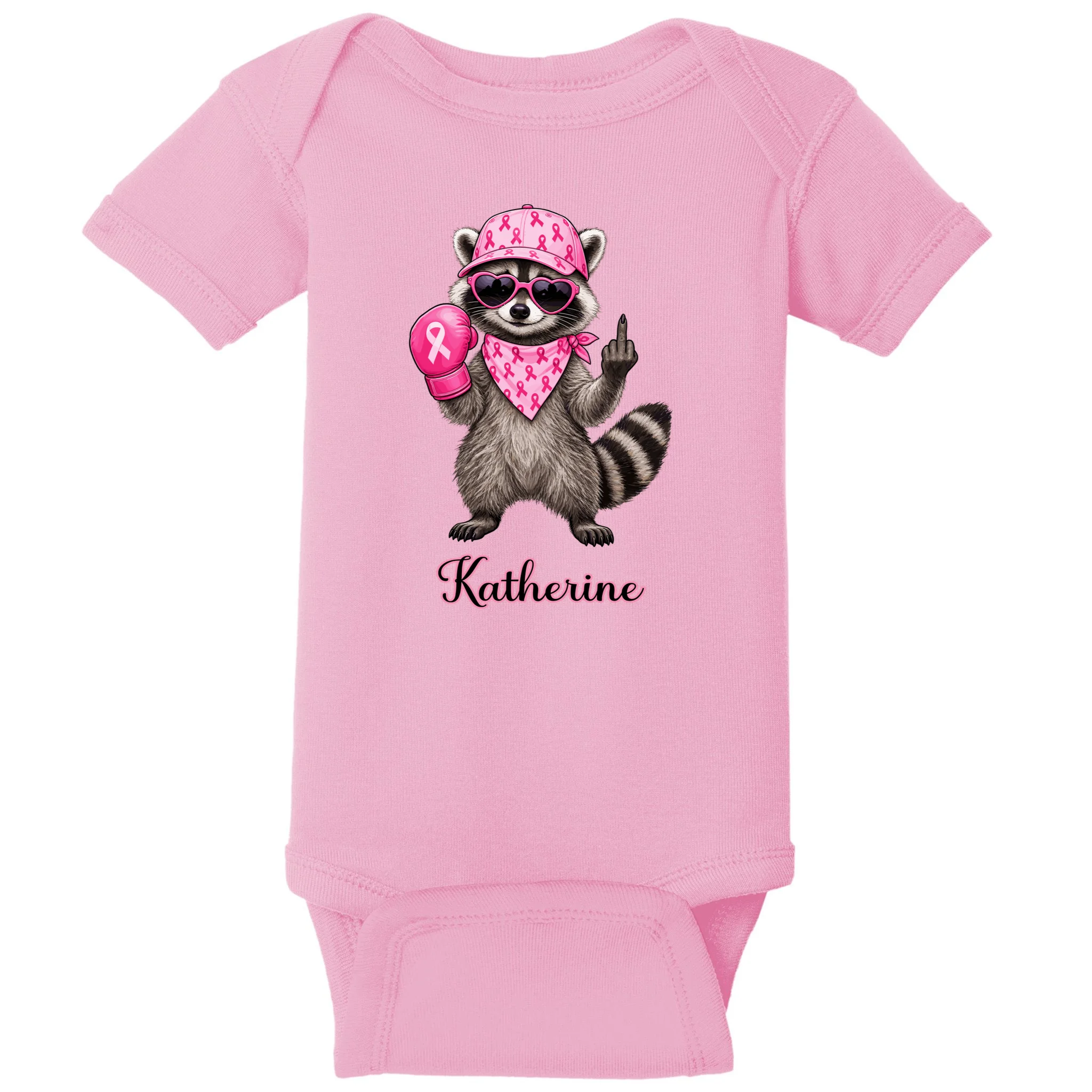 Personalized Custom Name Pink Ribbon Raccoon Breast Cancer Awareness Baby Bodysuit - Front