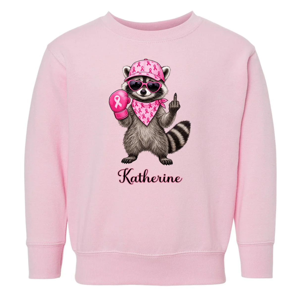 Personalized Custom Name Pink Ribbon Raccoon Breast Cancer Awareness Toddler Sweatshirt - Front