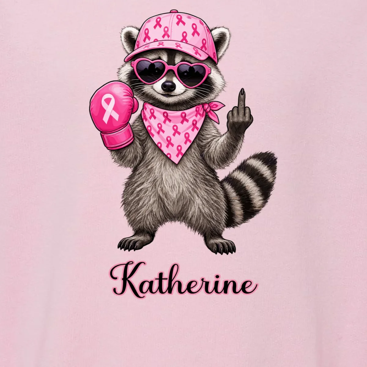 Personalized Custom Name Pink Ribbon Raccoon Breast Cancer Awareness Toddler Sweatshirt - Front - Close-up