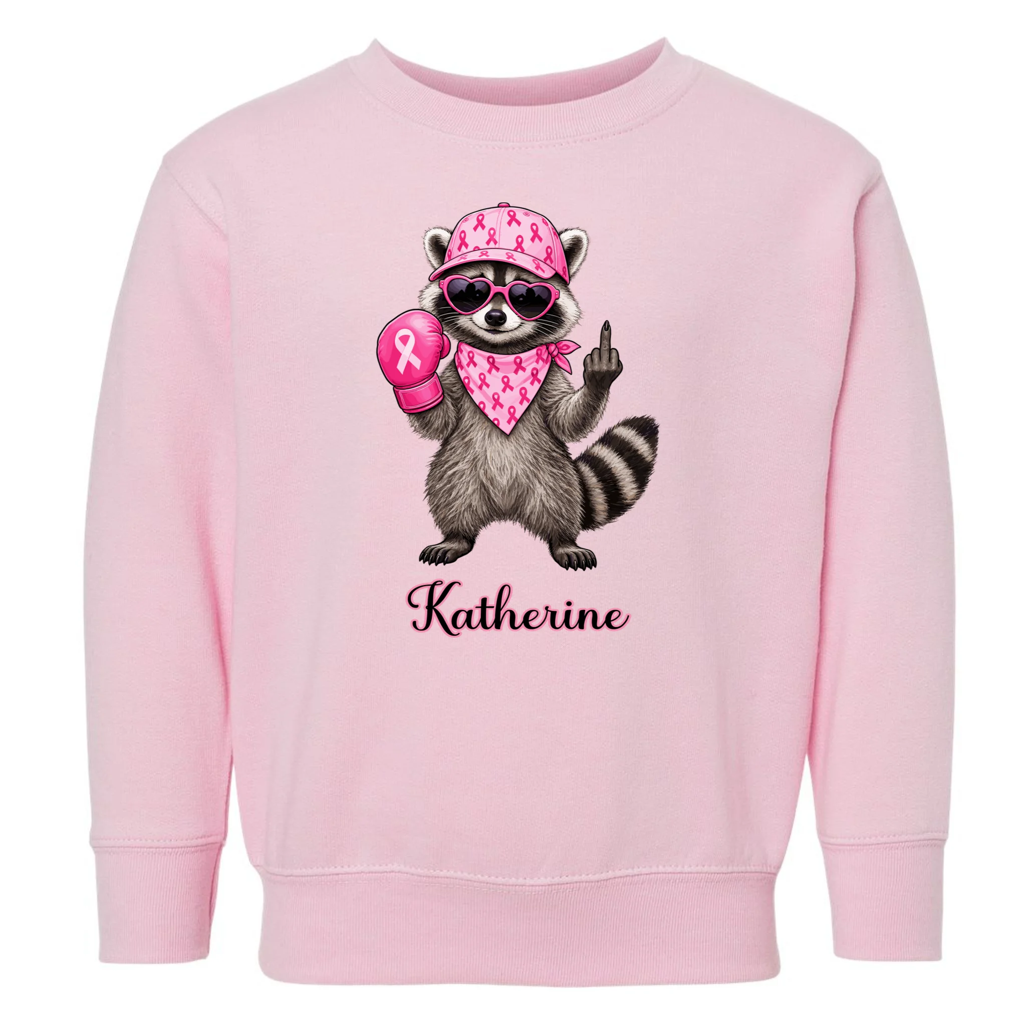 Personalized Custom Name Pink Ribbon Raccoon Breast Cancer Awareness Toddler Sweatshirt - Front