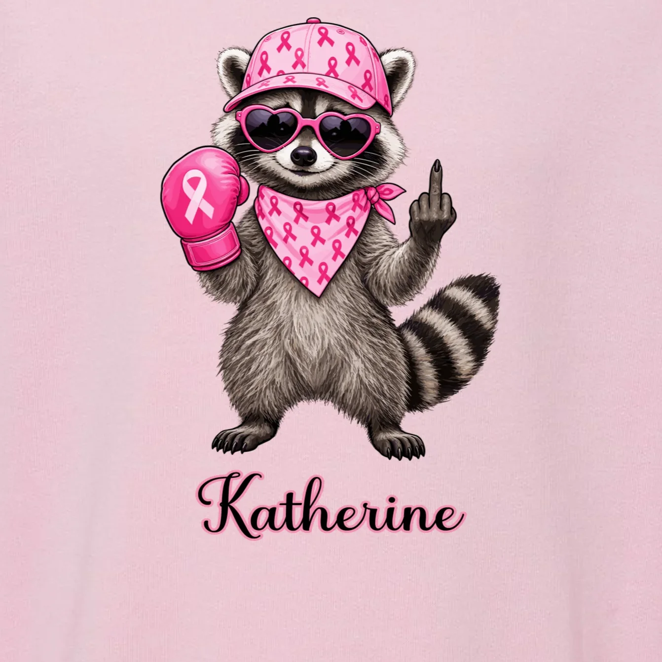 Personalized Custom Name Pink Ribbon Raccoon Breast Cancer Awareness Toddler Sweatshirt - Front - Close-up
