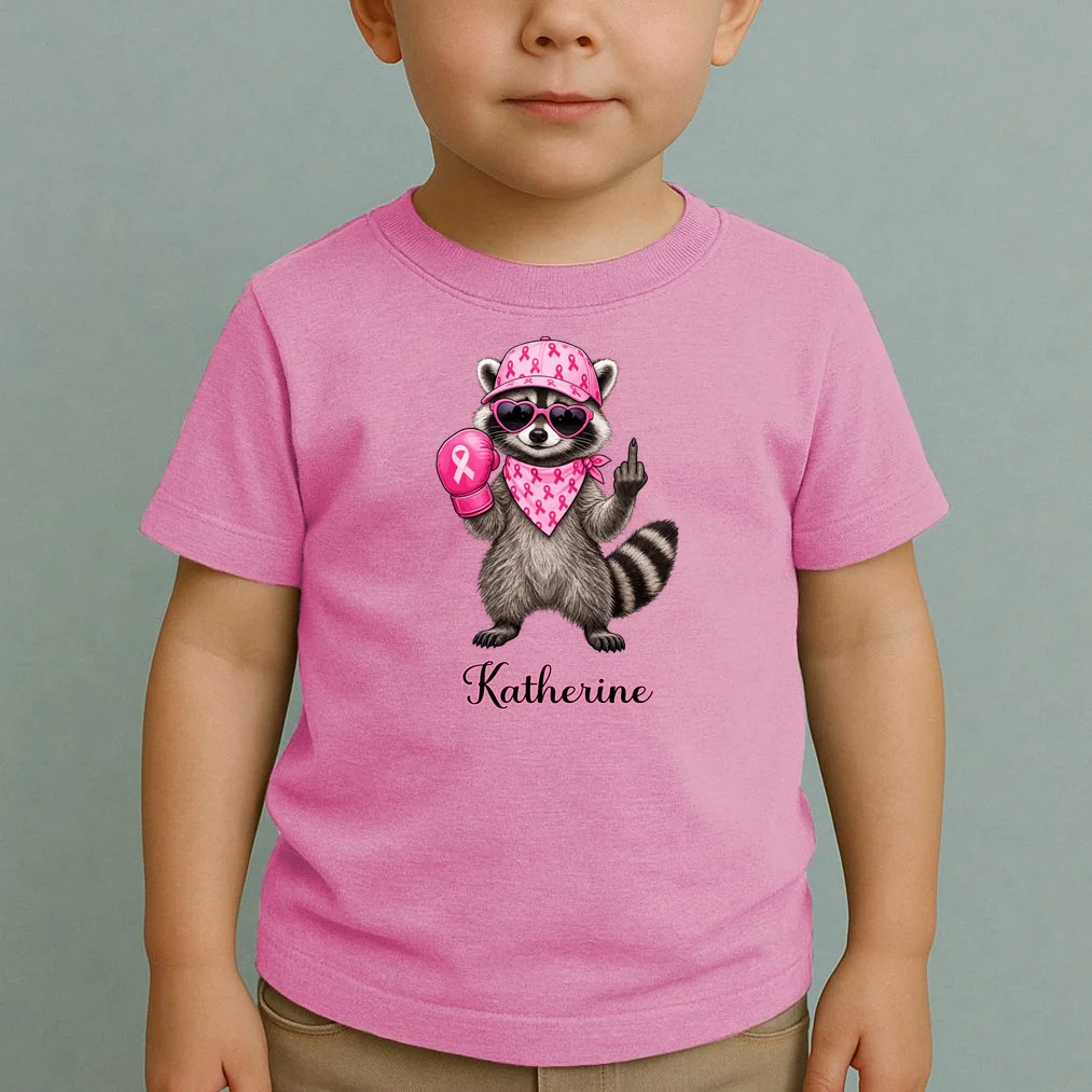 Personalized Custom Name Pink Ribbon Raccoon Breast Cancer Awareness Toddler T-Shirt - Front 1