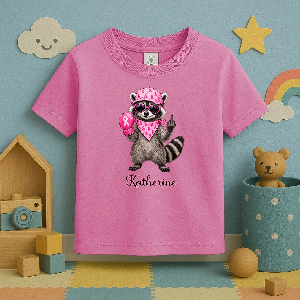 Personalized Custom Name Pink Ribbon Raccoon Breast Cancer Awareness Toddler T-Shirt - Front 2