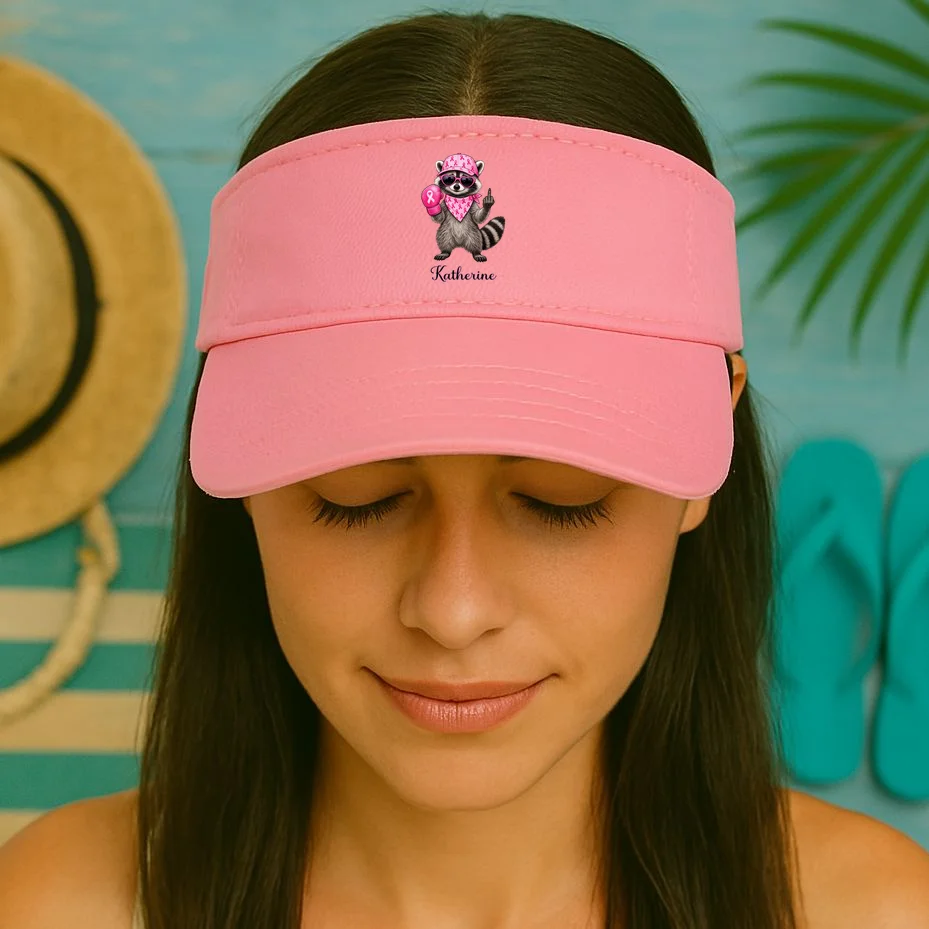 Personalized Custom Name Pink Ribbon Raccoon Breast Cancer Awareness Visor - Front 1
