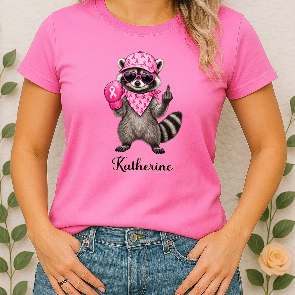 Personalized Custom Name Pink Ribbon Raccoon Breast Cancer Awareness Women's T-Shirt - Front 1