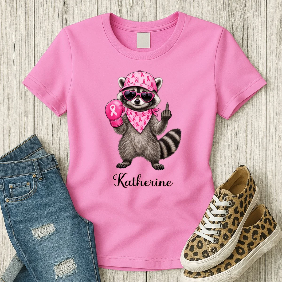 Personalized Custom Name Pink Ribbon Raccoon Breast Cancer Awareness Women's T-Shirt - Front 2