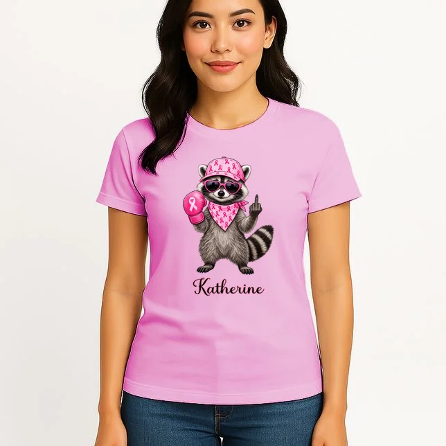 Personalized Custom Name Pink Ribbon Raccoon Breast Cancer Awareness Women's T-Shirt - Front 3