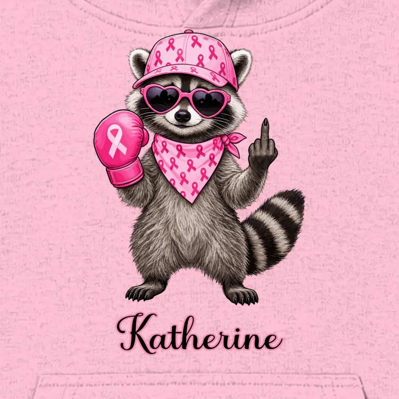 Personalized Custom Name Pink Ribbon Raccoon Breast Cancer Awareness Kids Hoodie - Front - Close-up