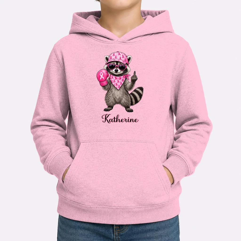 Personalized Custom Name Pink Ribbon Raccoon Breast Cancer Awareness Kids Hoodie - Front 1