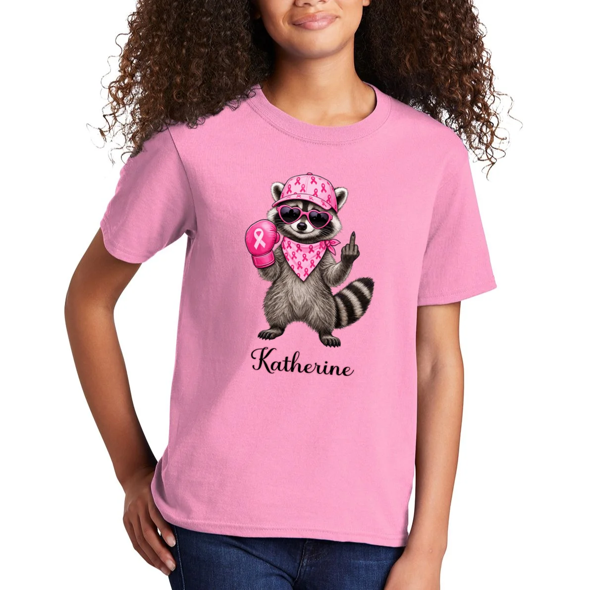 Personalized Custom Name Pink Ribbon Raccoon Breast Cancer Awareness Kids T-Shirt - Front 1