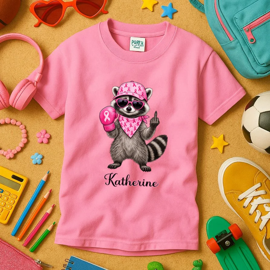 Personalized Custom Name Pink Ribbon Raccoon Breast Cancer Awareness Kids T-Shirt - Front 2
