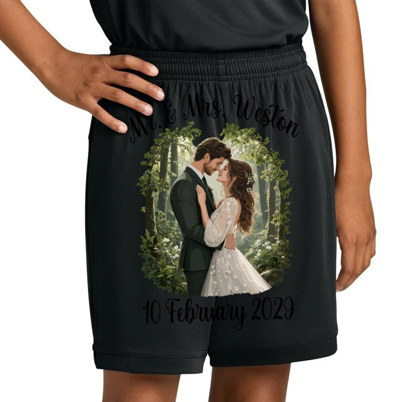 Personalized Rustic Wedding Couple Portrait – Botanical Floral Custom Name & Date Design Kids Shorts - Front 1