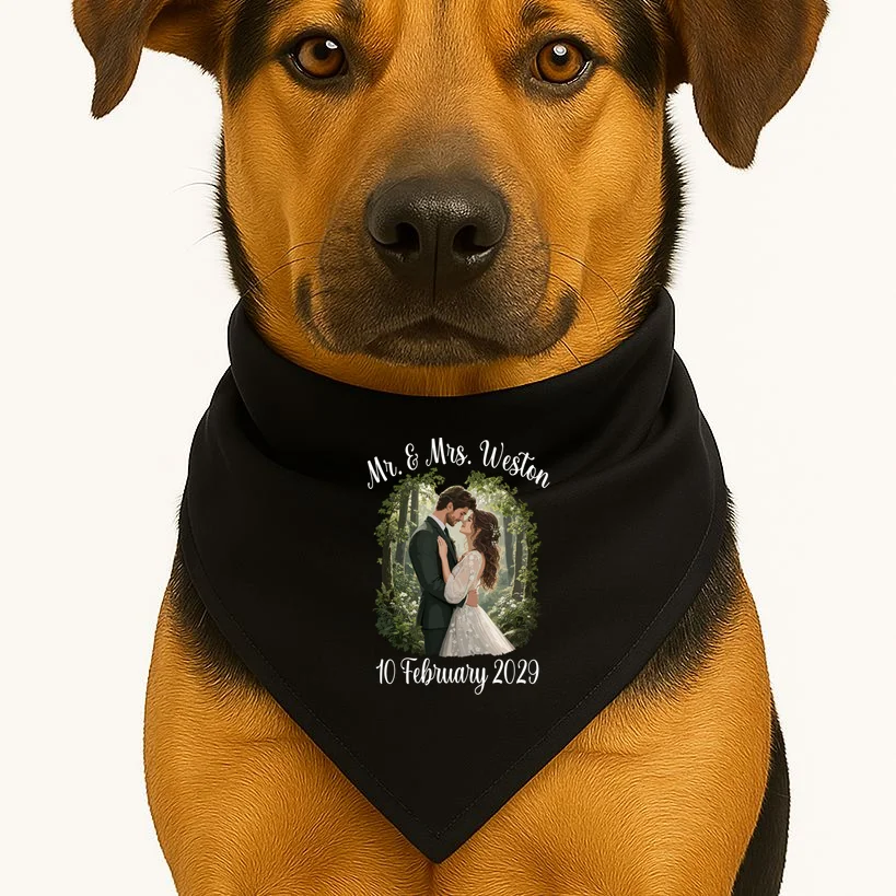 Personalized Rustic Wedding Couple Portrait – Botanical Floral Custom Name & Date Design Dog Bandana - Front 1