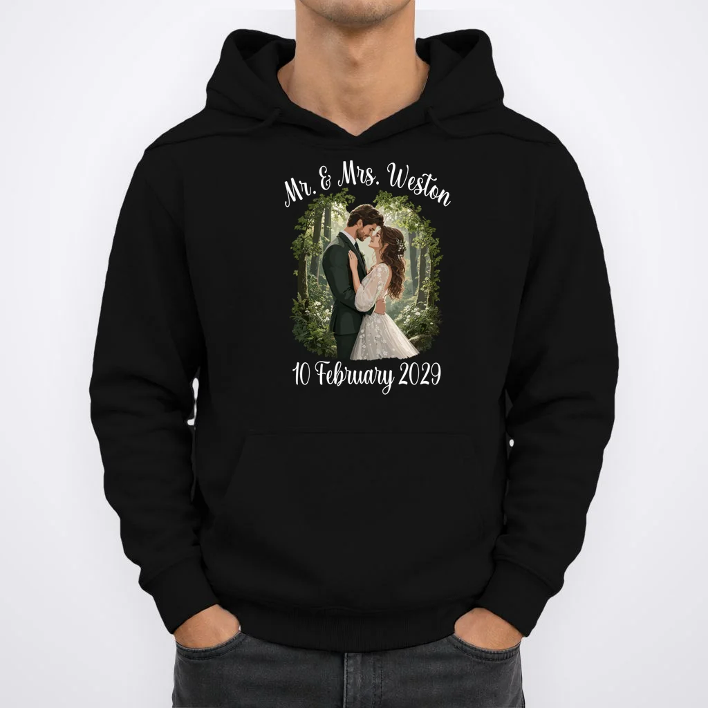 Personalized Rustic Wedding Couple Portrait – Botanical Floral Custom Name & Date Design Men's Hoodie - Front 1