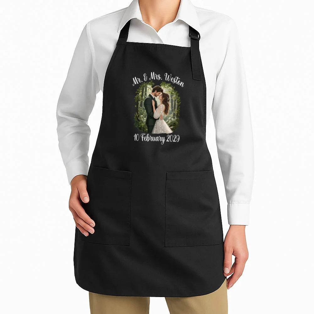 Personalized Rustic Wedding Couple Portrait – Botanical Floral Custom Name & Date Design Apron - Front 1