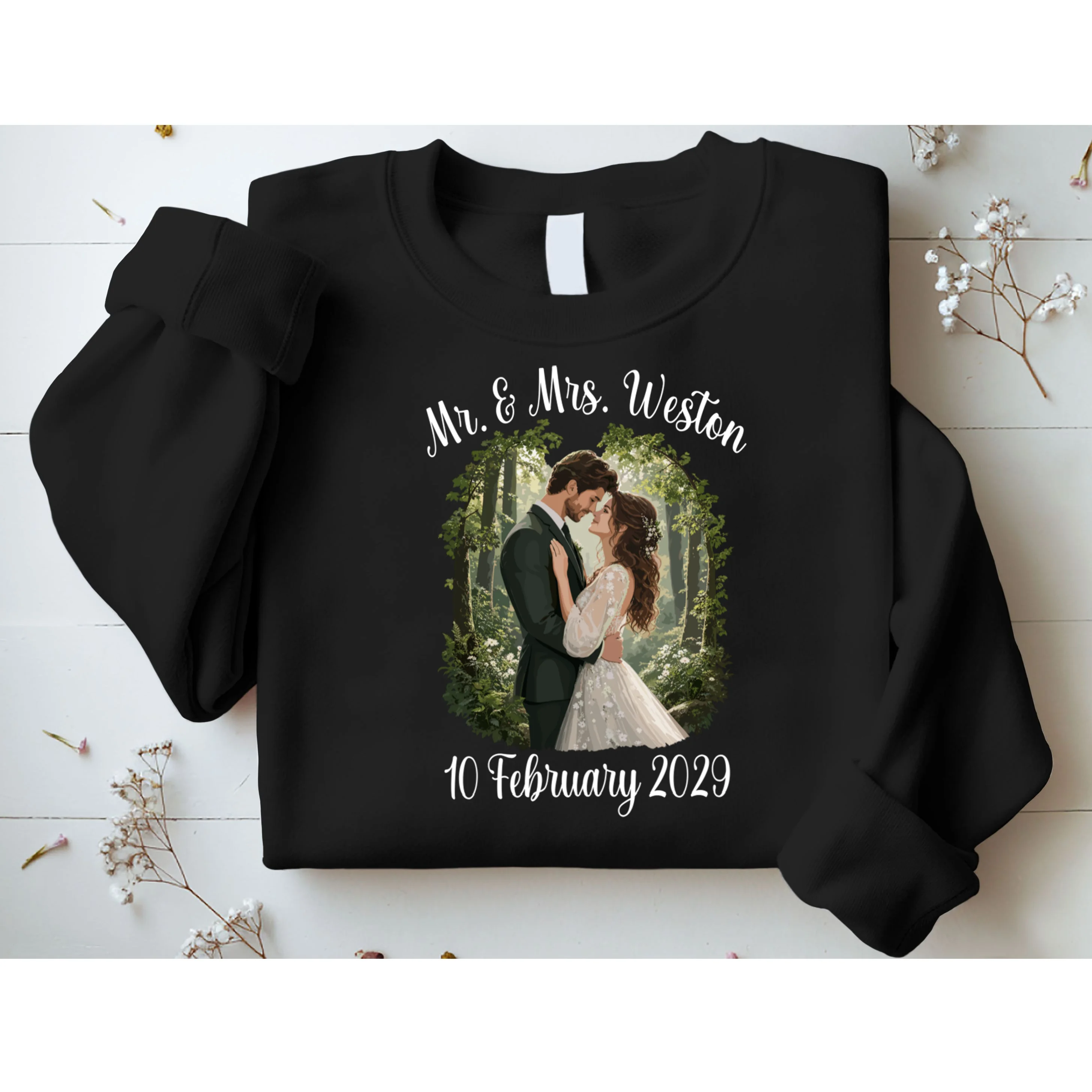 Personalized Rustic Wedding Couple Portrait – Botanical Floral Custom Name & Date Design Men's Sweatshirt - Front 1