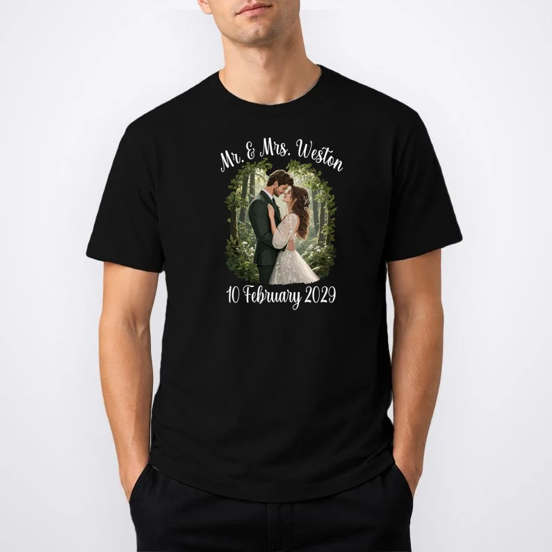 Personalized Rustic Wedding Couple Portrait – Botanical Floral Custom Name & Date Design Men's T-Shirt - Front 1