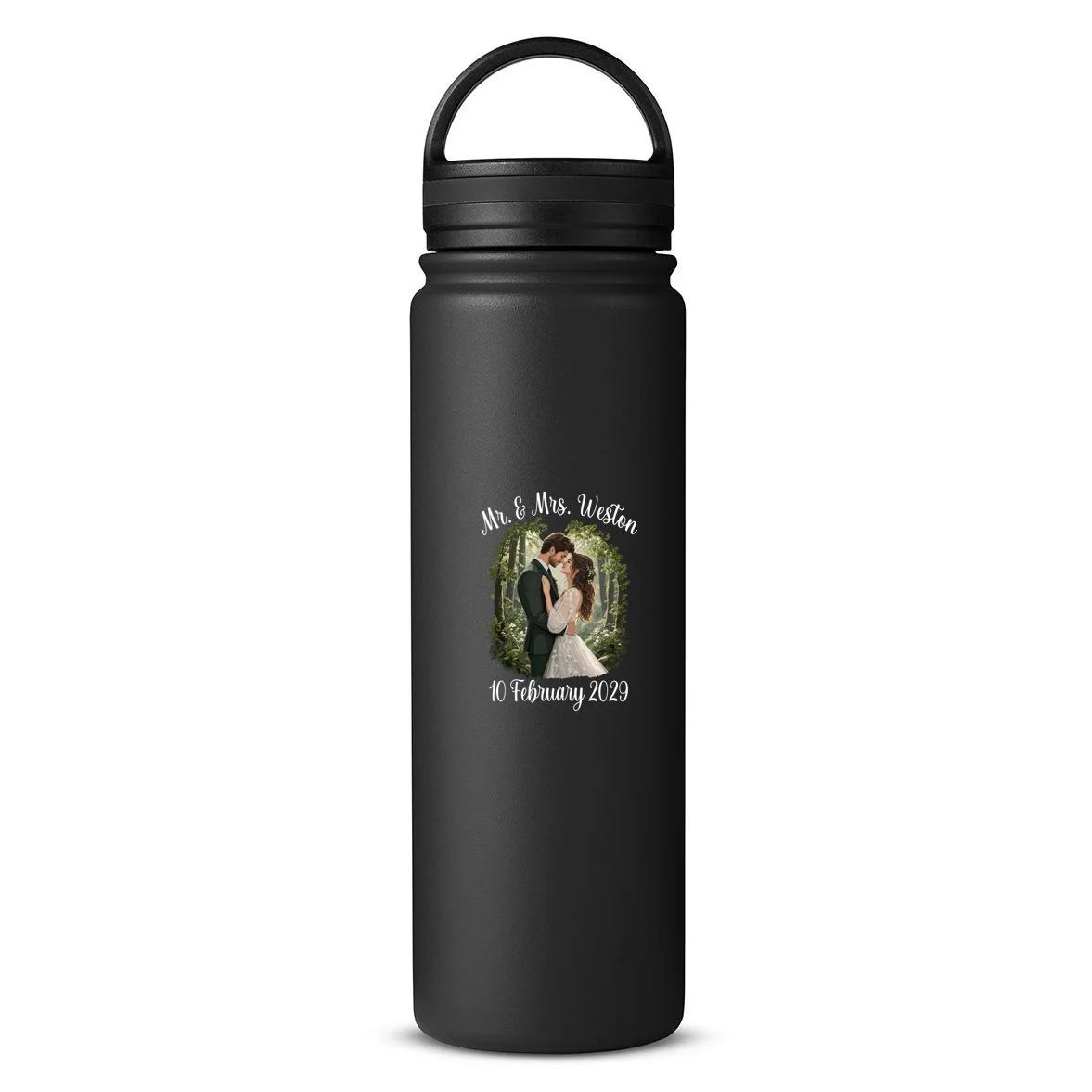 Personalized Rustic Wedding Couple Portrait – Botanical Floral Custom Name & Date Design 24oz Water Bottle Front