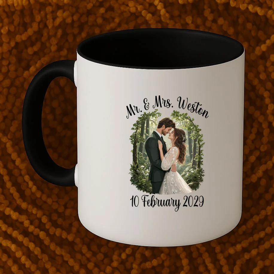 Personalized Rustic Wedding Couple Portrait – Botanical Floral Custom Name & Date Design Mug - Front 1