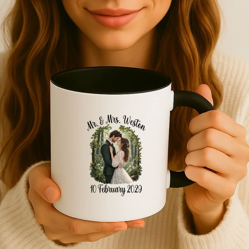 Personalized Rustic Wedding Couple Portrait – Botanical Floral Custom Name & Date Design Mug - Front 2