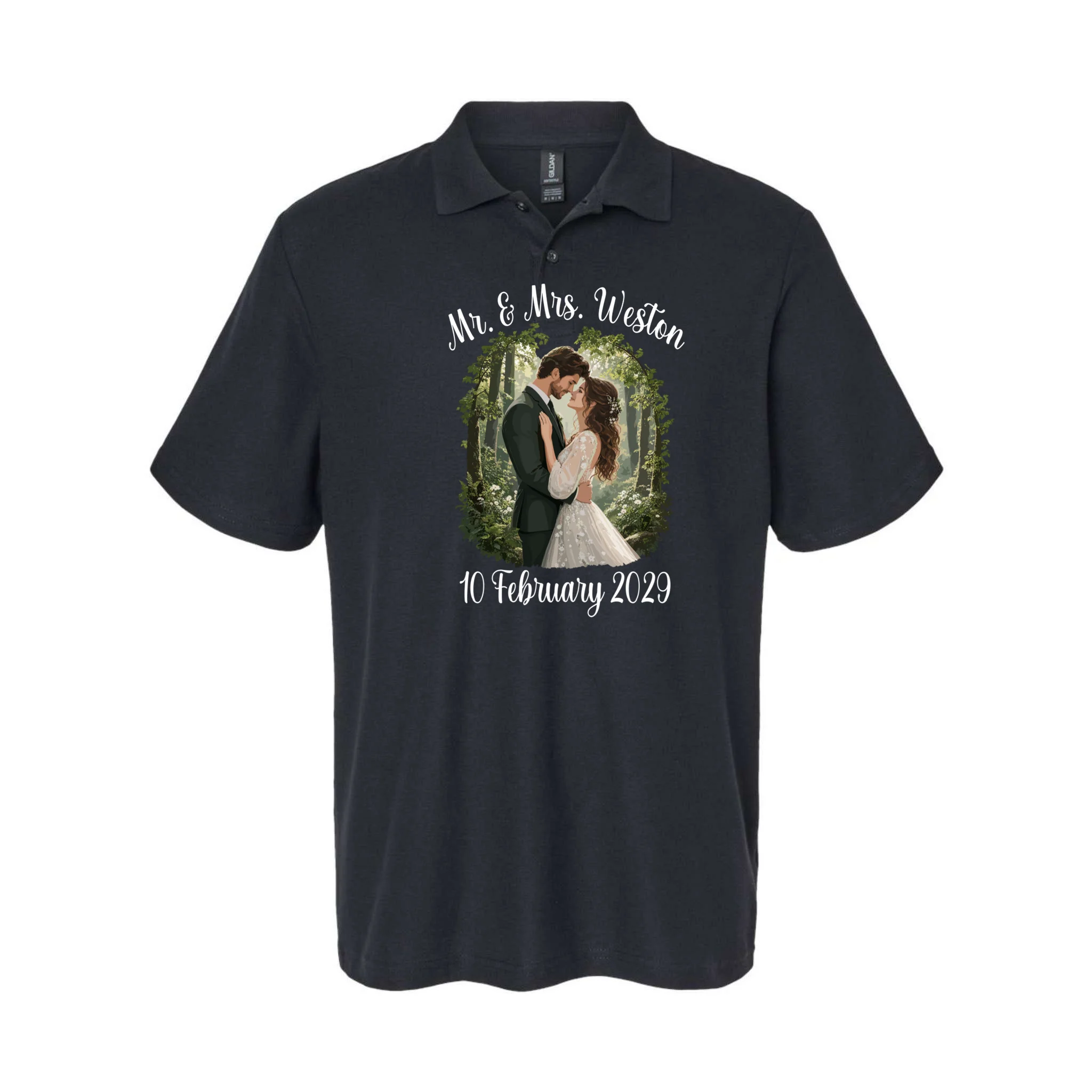 Personalized Rustic Wedding Couple Portrait – Botanical Floral Custom Name & Date Design Men's Polo Front