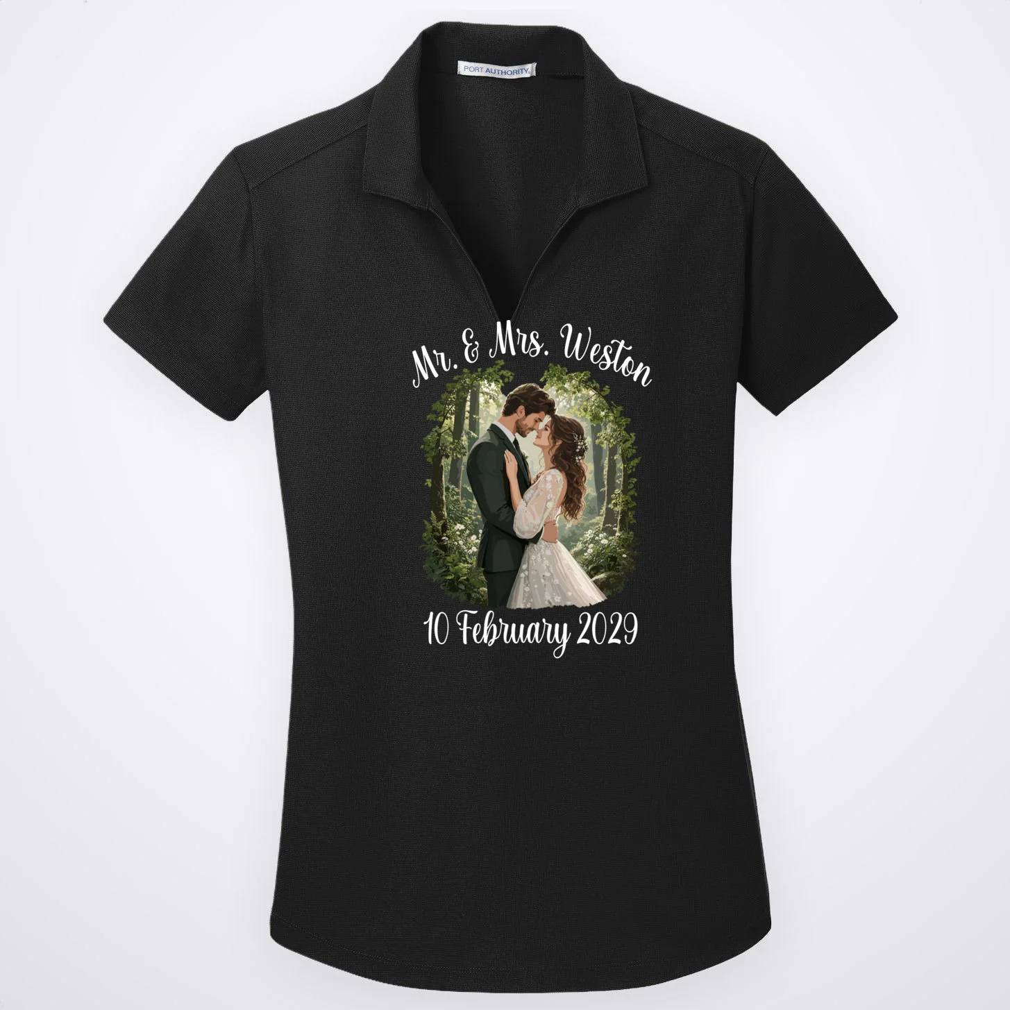 Personalized Rustic Wedding Couple Portrait – Botanical Floral Custom Name & Date Design Women's Polo Front