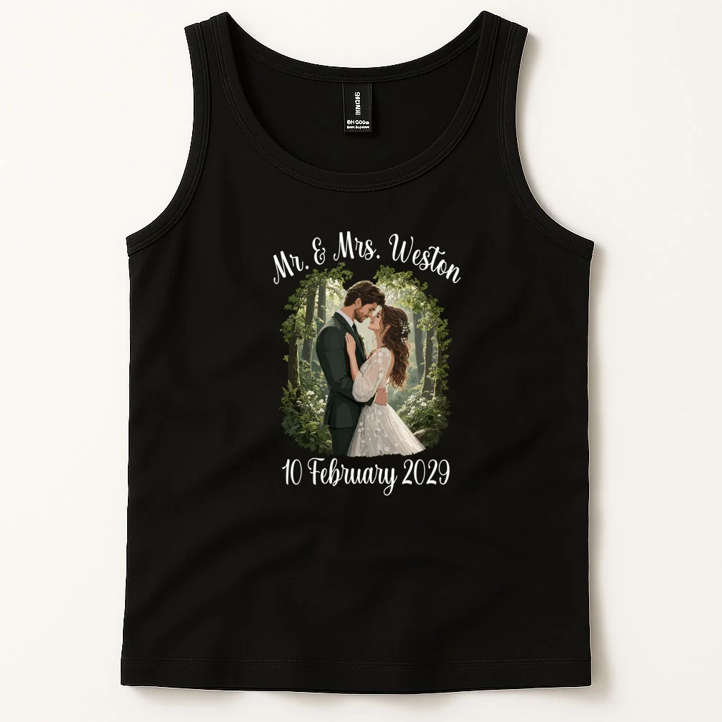 Personalized Rustic Wedding Couple Portrait – Botanical Floral Custom Name & Date Design Men's Tank Top - Front 1