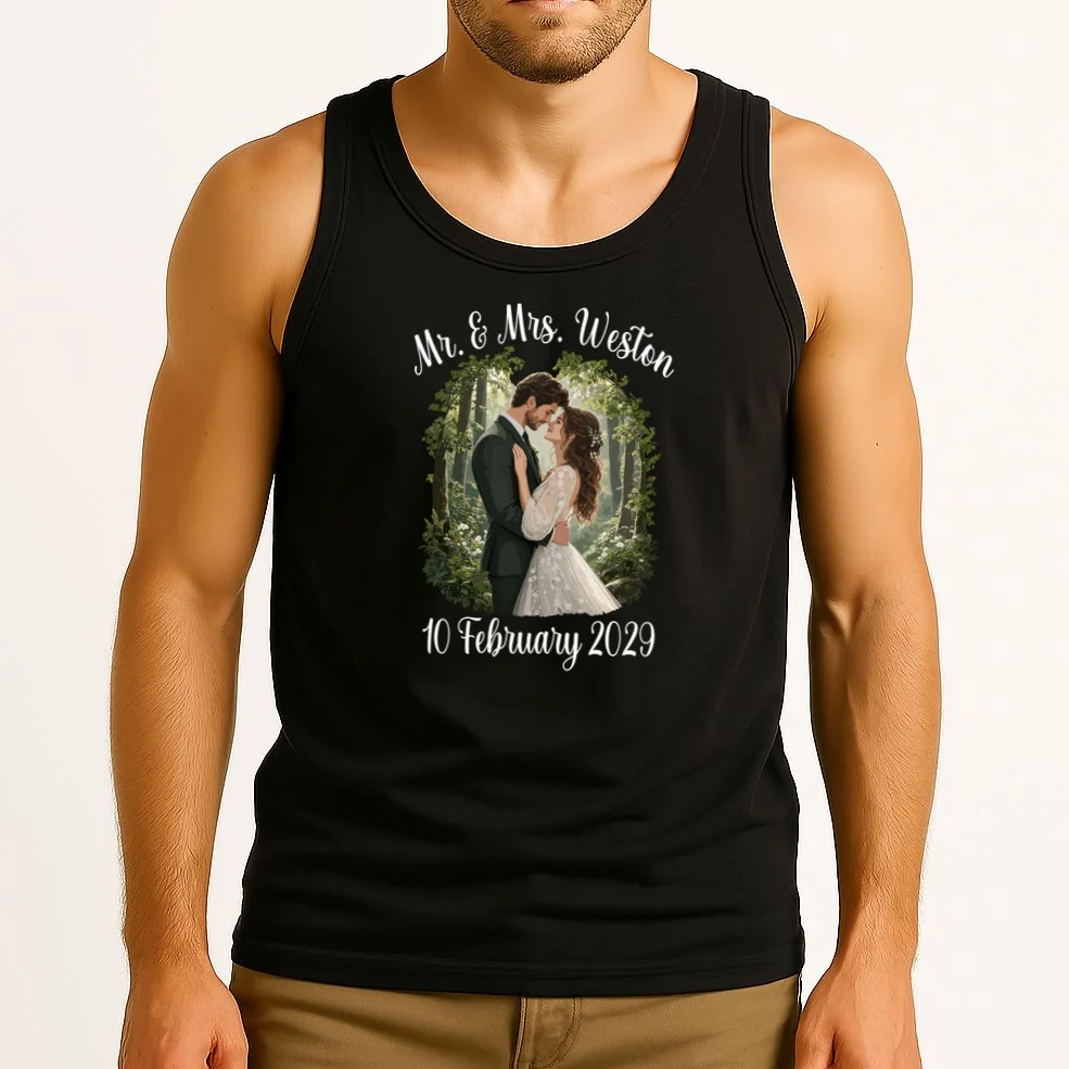 Personalized Rustic Wedding Couple Portrait – Botanical Floral Custom Name & Date Design Men's Tank Top - Front 2